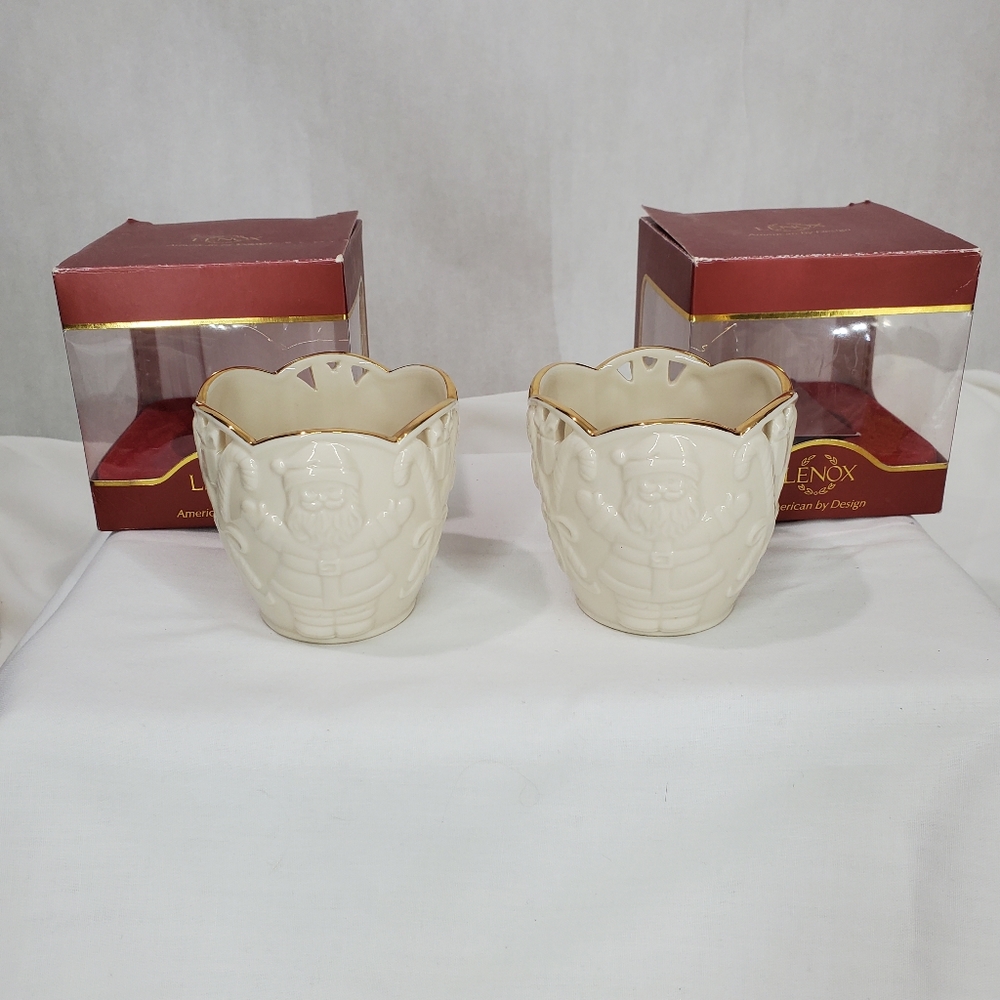 Lenox Votive Candle Holders 3.25" Ivory w/Gold Trim Merry Lights Christmas Set 2